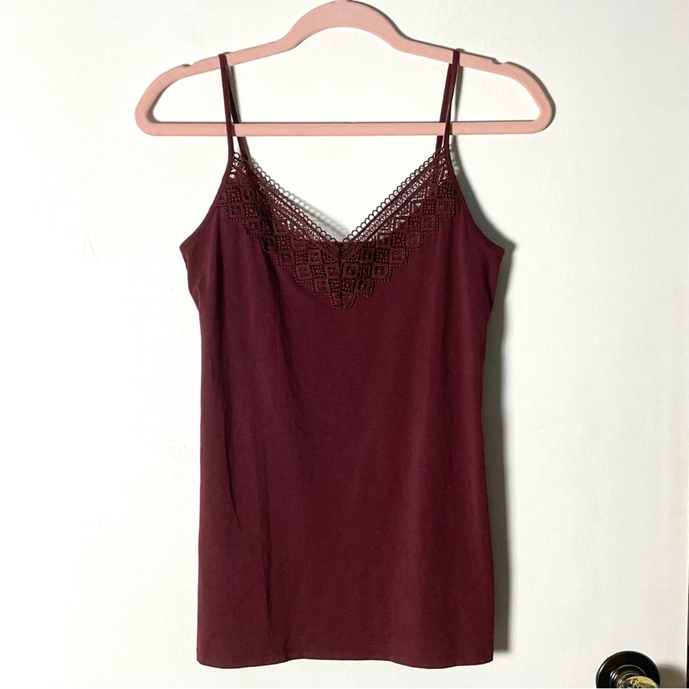 LOFT Dark Red Lace V-Neckline Cotton Tank Top Size Small